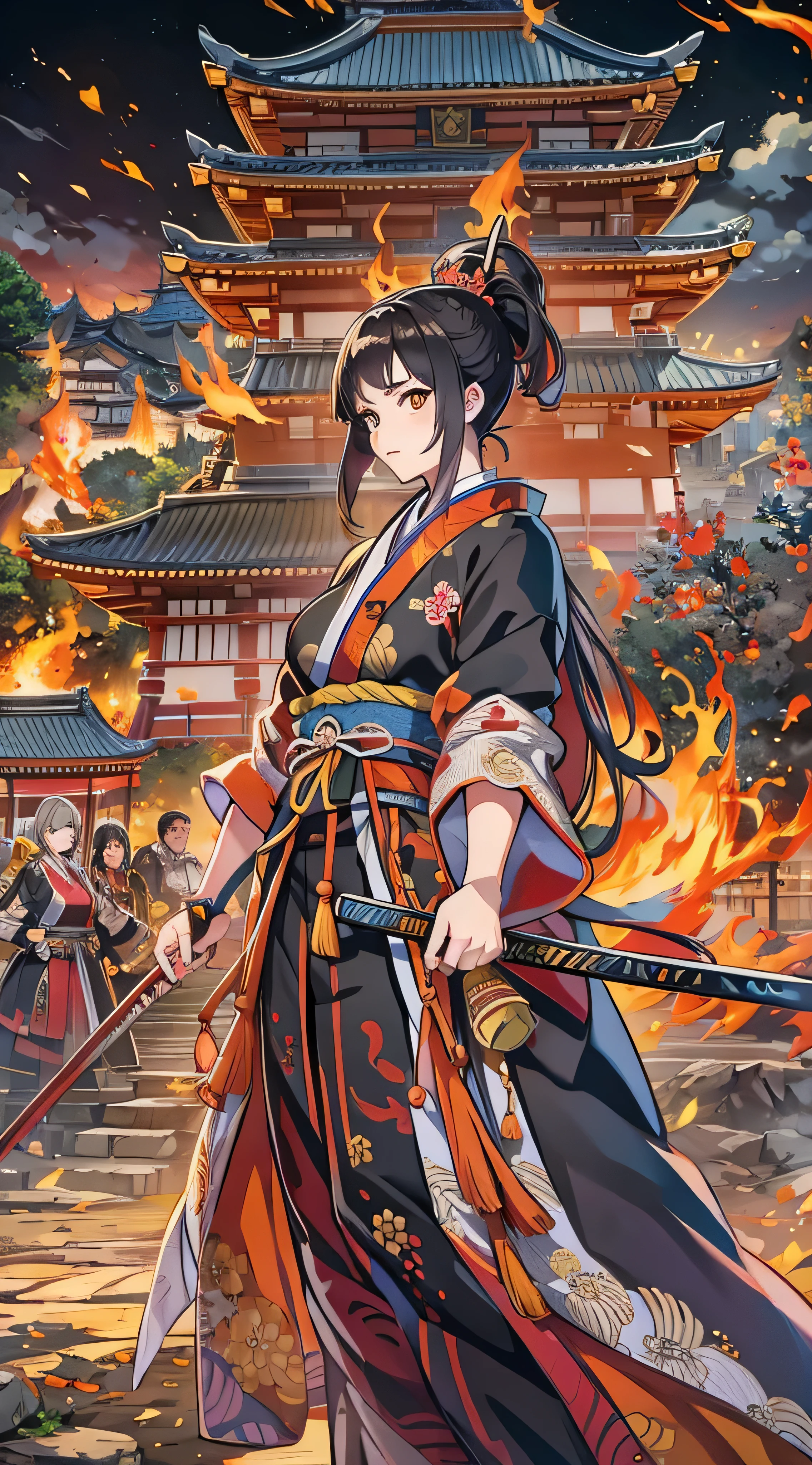  in high-definition images, Battlefields in the Sengoku period 、  Abundant battle patterns detailed, masterpiece, 8k,  at the mercy of Genki no Nobunaga in the Sengoku period 、 beautiful Kunoichi wearing a black costume is standing in front of the flames, Dancing, (Ishiyama Honganji Castle is burning,) Castle engulfed in flames ,  burning,  Kinki region in the Sengoku period 、Genki 3 ( Battle at Ishiyama Honganji Temple )。