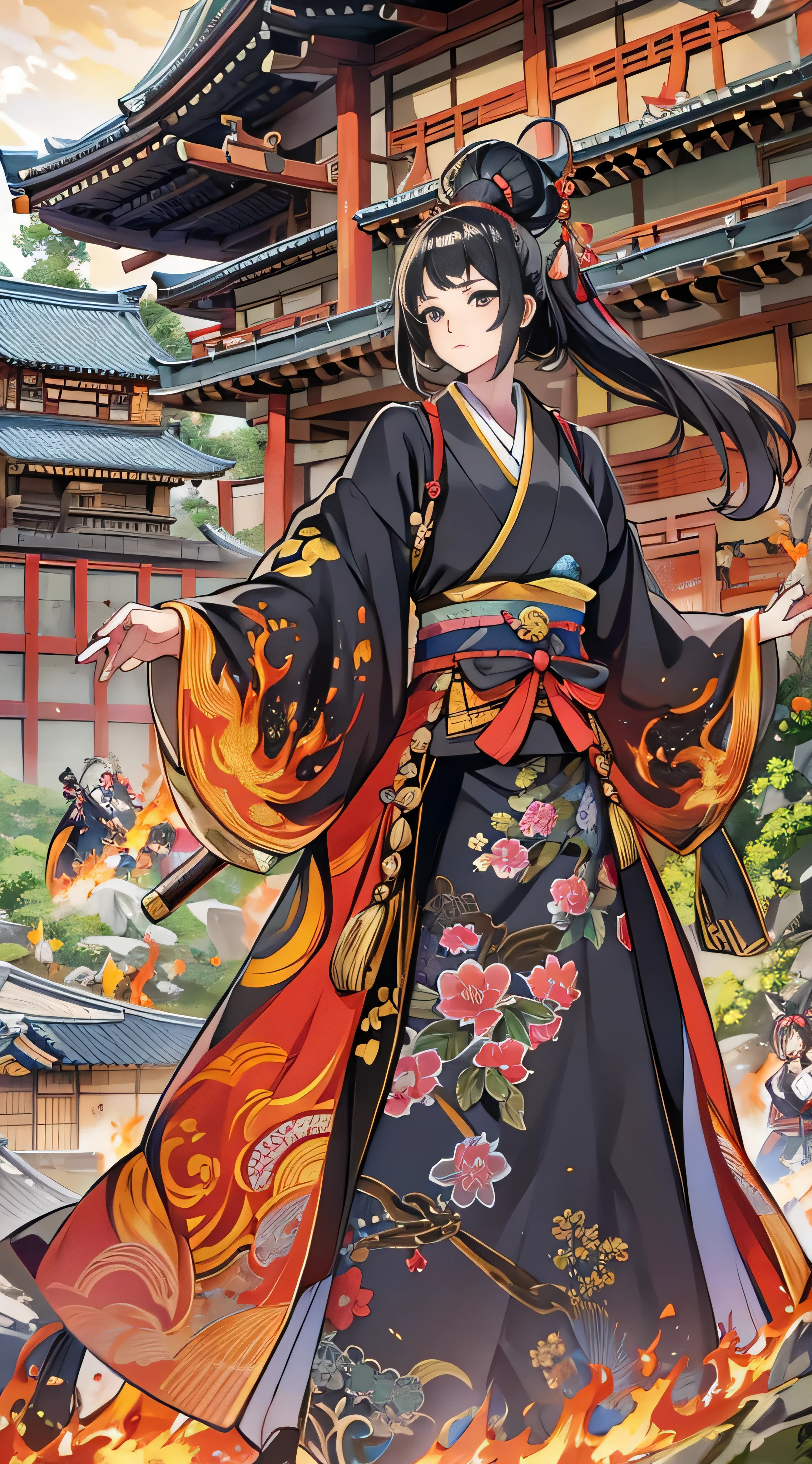  in high-definition images, Battlefields in the Sengoku period 、  Abundant battle patterns detailed, masterpiece, 8k,  at the mercy of Genki no Nobunaga in the Sengoku period 、 beautiful Kunoichi wearing a black costume is standing in front of the flames, Dancing, (Ishiyama Honganji Castle is burning,) Castle engulfed in flames ,  burning,  Kinki region in the Sengoku period 、Genki 3 ( Battle at Ishiyama Honganji Temple )。