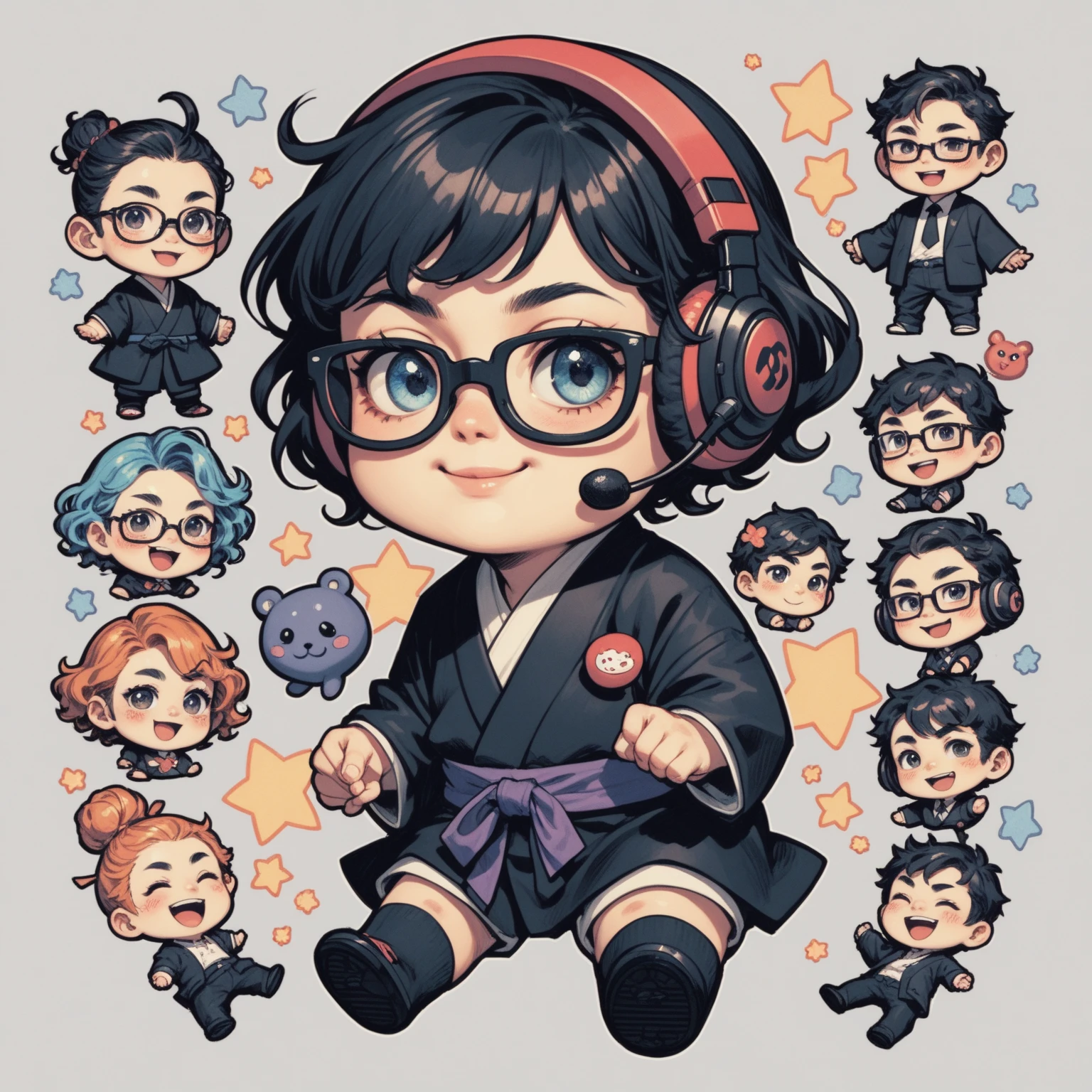 Japanese man wearing black suit and Japanese woman wearing black Japanese-kimono, one person, black wavy hair, semi-short hair, wearing glasses, Front facing, gaming headset, full body image, icon, smiling, chibi, kawaii