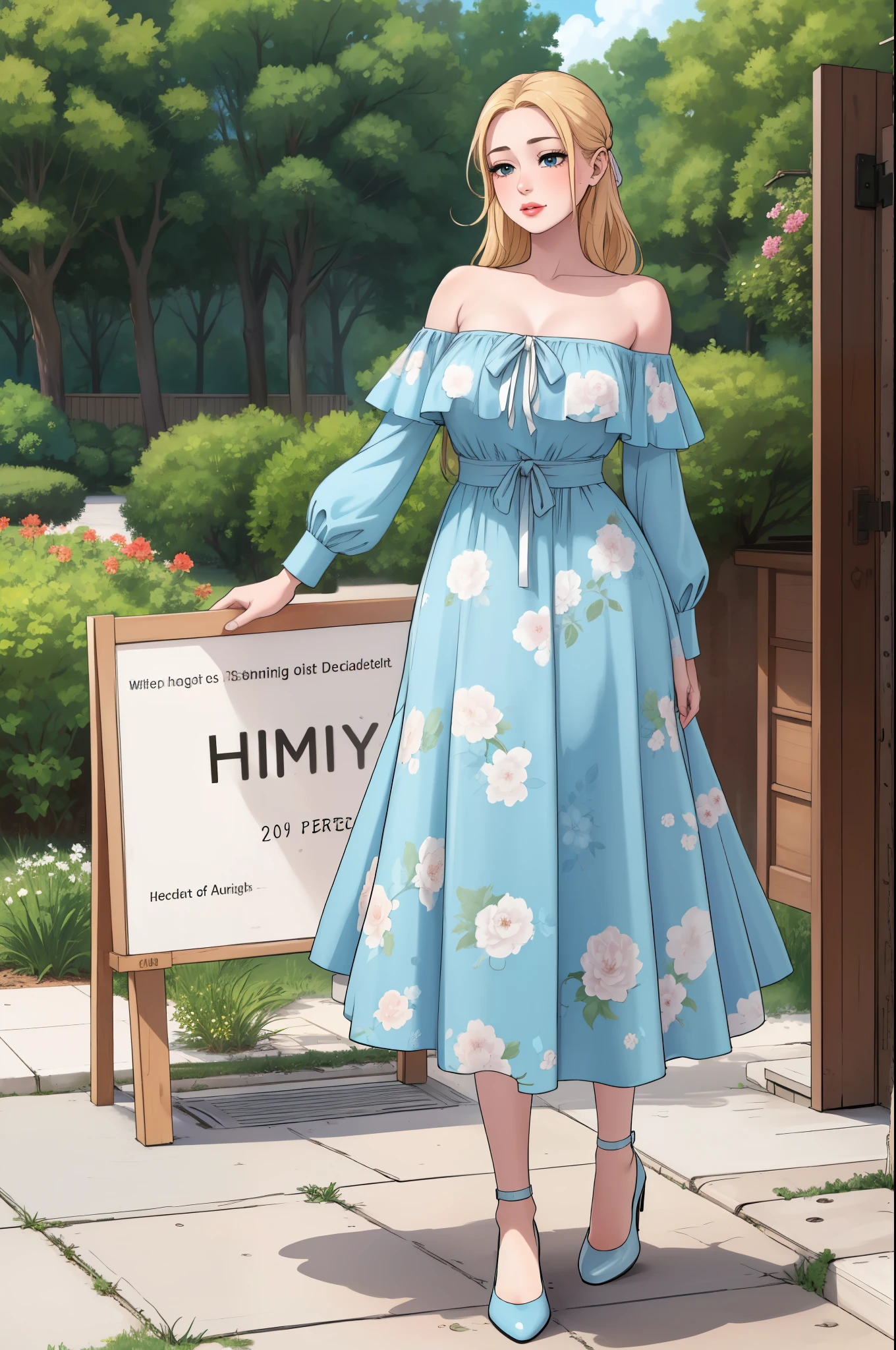 An extremely gorgeous stunning beautiful cute feminine mother with long straight blonde hair tied with a white ribbon, extremely fair white skin, big green-blue hazel eyes, plump red glossy lips, a plain simple smile, a plain thin slim normal body, tender arms, and a plain expression, wearing a simple long floor-length modest sky blue floral dress with a cardigan worn in an off-shoulder style, flat heels, standing straight, garden in the background, show full drawing from head to feet.