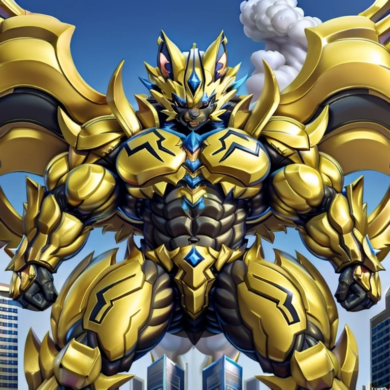 (masterpiece. official art. 8k. best quality. detailed full body. full body.)
(situation 1 : dominating zeraora. Zeraora is over 1000 meters long. giant mechanical Muscular Zeraora is trampling the city. Looking down. macro. stomp. Low-angle perspective. emphasizing the immense size.)
(situation 2 :smoke and flames rising from the destruction in the city)
(Additional details 1: wearing a full-face helmet. high-tech bio-mecha armor. real texture material. whole body shines like metal. Wearing cyberpunk mecha. emphasizes the muscles. suit fully made of metal. intricate armor. Robotic suit. suit fully made of metal. cyborg. Powered exoskeleton with the same design as Zeraora).
(Additional details 2: (gigantic muscles. HYPER MUSCLES. Gigachad Muscular. big muscle. pecs. triceps. traps. unusually developed muscular body. body full of huge muscles. showing off muscles. pectorales enormes. Exaggeratedly huge muscles.).
(Additional details 3: Spread wings. It has wings. have big wings. golden wings).
(Additional details 4: black color hyper penis. hyper black penis. big penis)