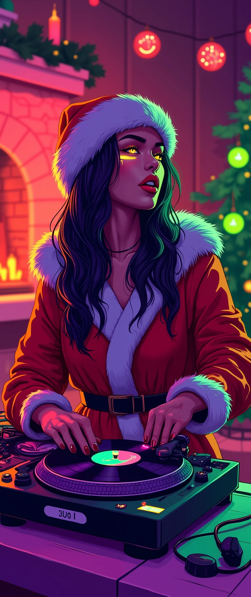 (masterpiece:1.2,Superior Quality ),8k,16k, wallpaper,(The background is a cottage),Christmas tree,fireplace,vintage record player , 50s turntable and record player、 santa costume 、 beautiful female DJ with open mouth,female DJ, Vector art , Simple Design ,sexy, Neon Eye, Neon Body, Neon Hair, ( Monochrome Fluorescent Red , green, purple color palette ),(Vector art),(flat design),(JAZZ HOUSE),