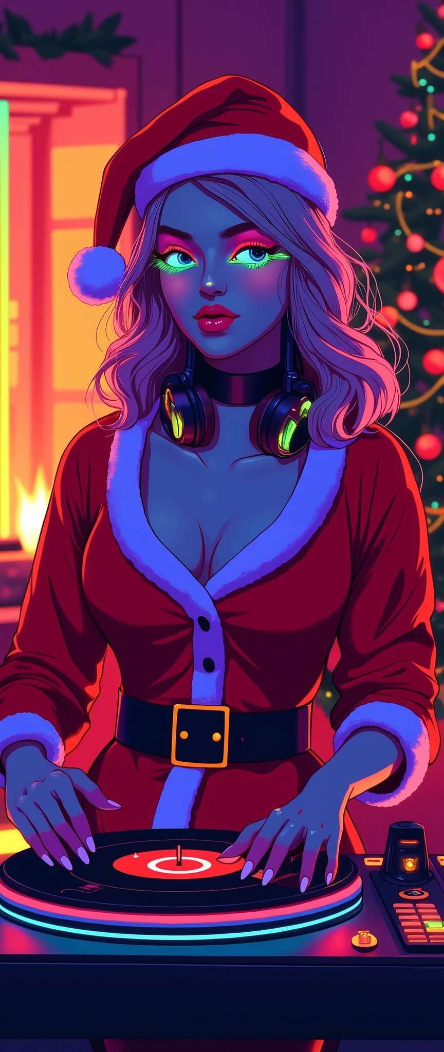 (masterpiece:1.2,Superior Quality ),8k,16k, wallpaper,(The background is a cottage),Christmas tree,fireplace,vintage record player , 50s turntable and record player、 santa costume 、 beautiful female DJ with open mouth,female DJ, Vector art , Simple Design ,sexy, Neon Eye, Neon Body, Neon Hair, ( Monochrome Fluorescent Red , green, purple color palette ),(Vector art),(flat design),(JAZZ HOUSE),