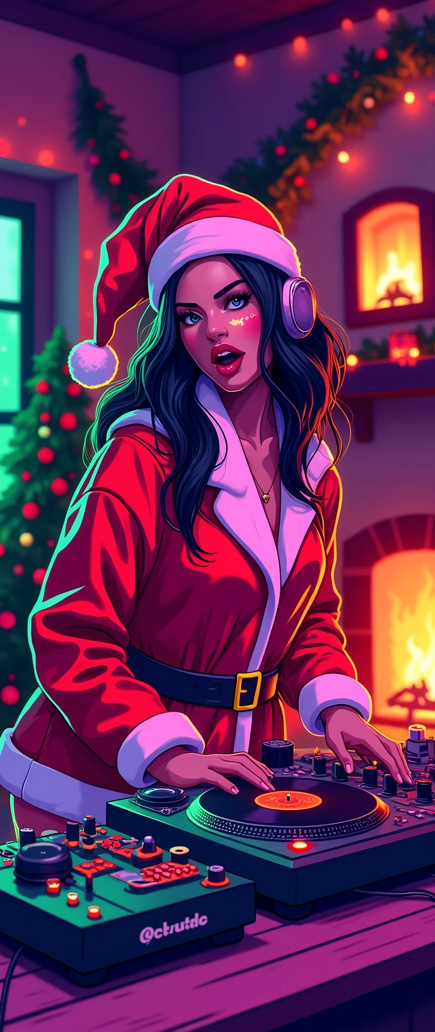 (masterpiece:1.2,Superior Quality ),8k,16k, wallpaper,(The background is a cottage),Christmas tree,fireplace,vintage record player , 50s turntable and record player、 santa costume 、 beautiful female DJ with open mouth,female DJ, Vector art , Simple Design ,sexy, Neon Eye, Neon Body, Neon Hair, ( Monochrome Fluorescent Red , green, purple color palette ),(Vector art),(flat design),(JAZZ HOUSE),