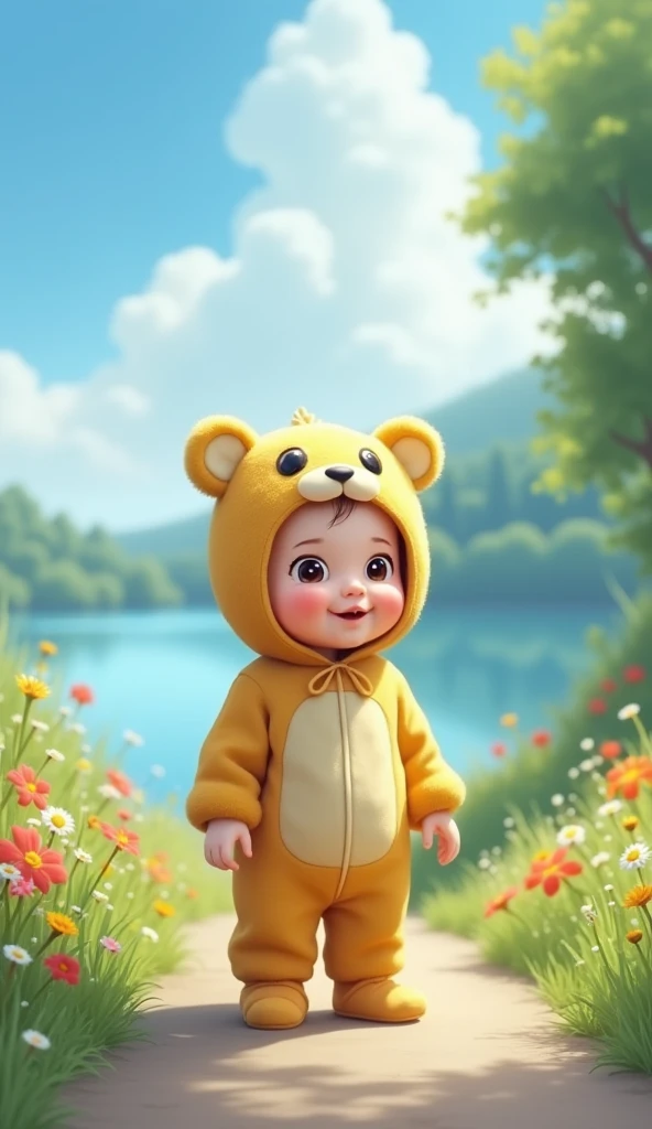 A -facel goes hiking with a big mascot bear、cosplay、Cute dynamic pose、smile
