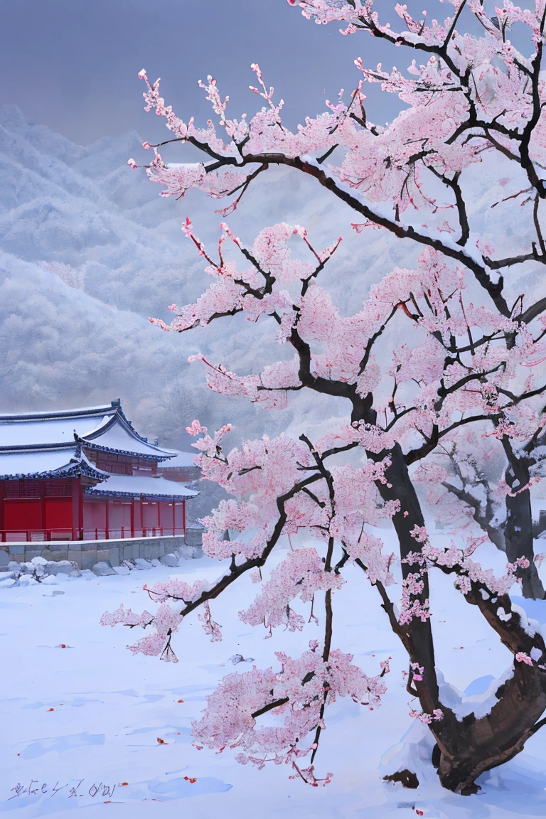 winter in China，very early in the night，plum trees beside a small village，bright red plum blooms，swinging snowflakes，silent and equilibrious atmosphere