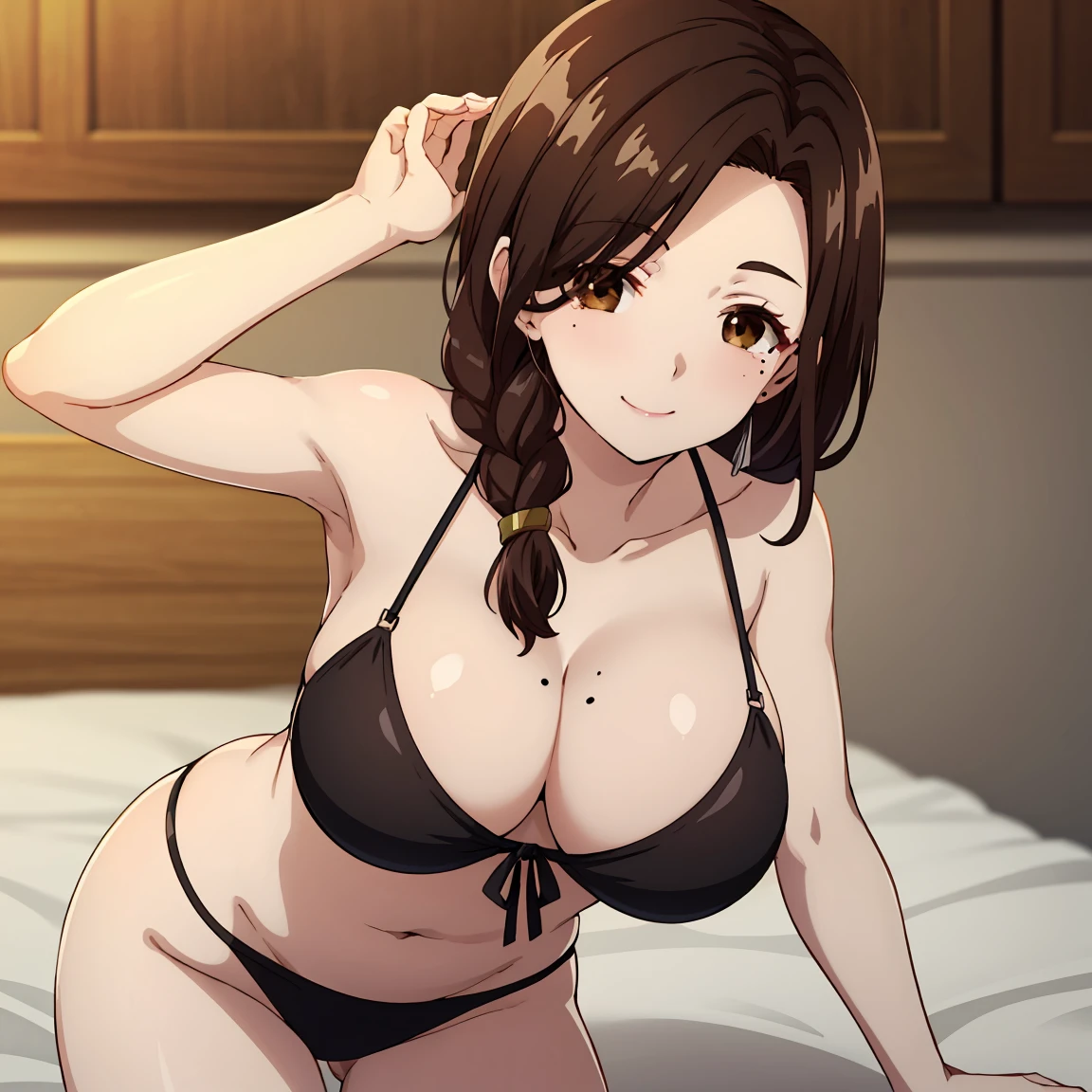 solo , masterpiece , high quality, mature female, mature, adult, airi gotou, long hair, brown hair, (brown eyes:1.5), braid, mole, mole under eye, hair over shoulder, mature female, smile collarbone , , large breasts, closed mouth,  black bikini , very long hair,   bedroom , looking at viewer , sexy pose