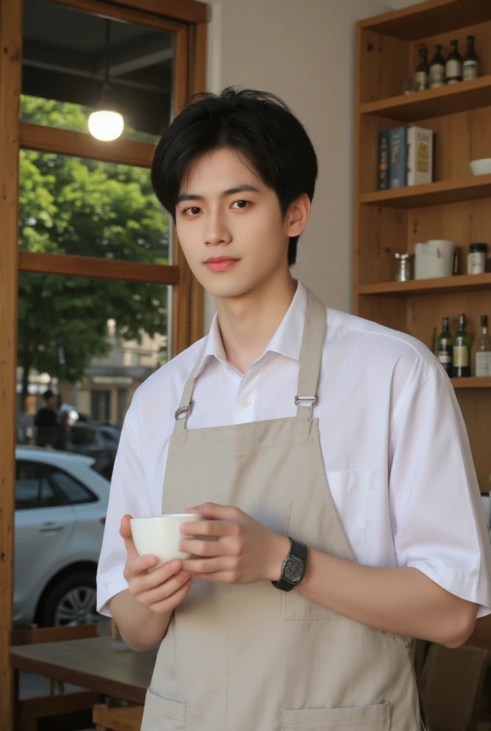 Cafe staff、Handsome Asian Korean、 high image quality、photograph、 BEAUTY IN NATURAL LIGHT、Holding coffee in hand、smile、Wearing an apron