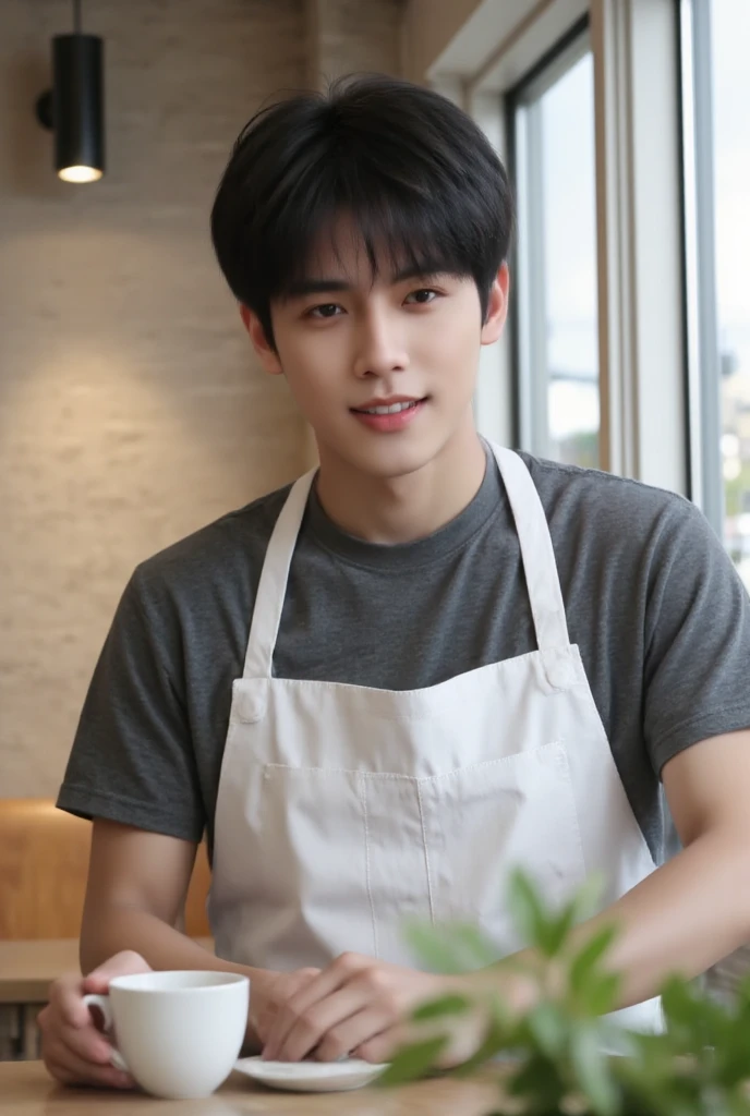 A man about 30 years old、Cafe staff、Handsome Asian Korean、 high image quality、photograph、 BEAUTY IN NATURAL LIGHT、smile、Wearing an apron