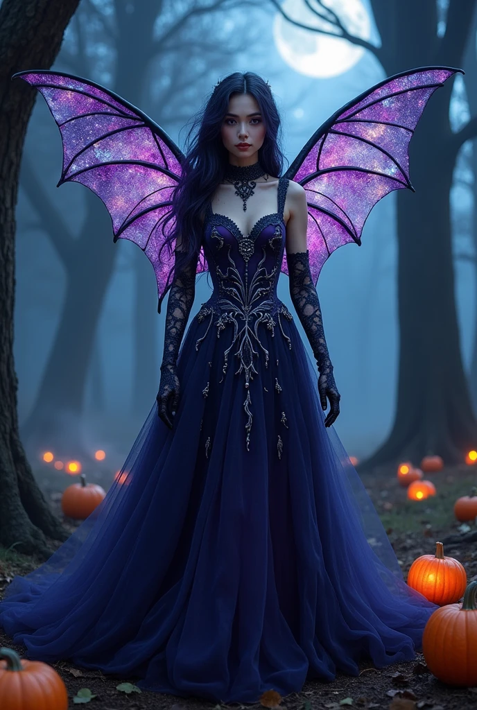a photo: of a 2 woman, long dark purple curly hair with two tiny black horns surrounding a sweet face with bright yellow eyes filled with joy. From behind his back protrude two large black demon wings.. she wears a black dress. she walks in a rose garden