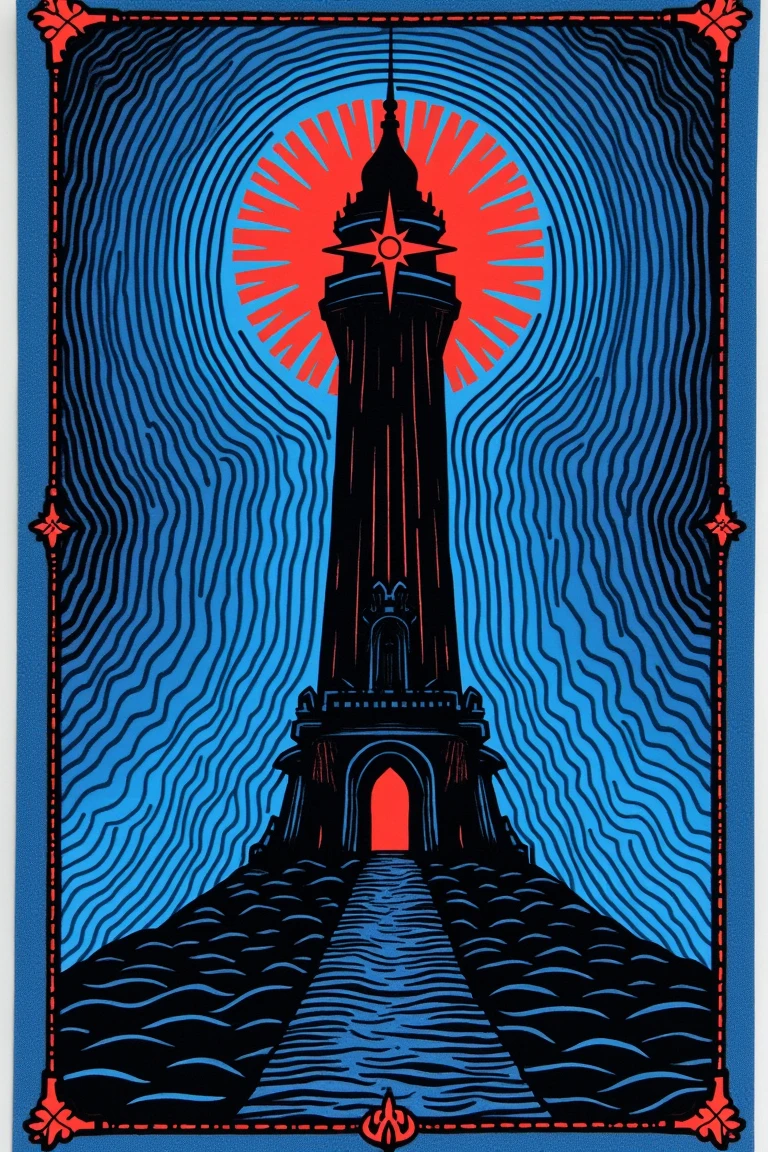 There is an illustration of a dark tower with black lines on a blue background,  blotter art ,  indigo occult pattern ,  SILKSCREEN PRINT ,   SYMMETRIC DIE CUT STICKER  ,  very detailedなパネルカット, tile, Symmetrical sticker design ,  Silicone Patch Design , BLUE - PRINT , シルク SCREEN PRINT  ,  SCREEN PRINT ,  Ultra Fine,  very detailed,  High Details, Red as an additional color