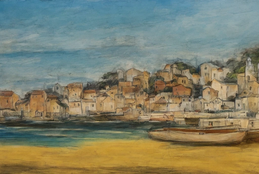 A stunning, high-resolution, 4K Impressionist masterpiece depicting a serene maritime port scene, rendered in rough, expressive color pencil strokes on textured paper, evoking the illusion of an oil on canvas painting. The artwork features soft, blended yellow, coral, and turquoise hues, contrasted with bold, vibrant red accents, all set against a backdrop of wispy, beige-colored clouds. The image showcases deliberate artistic blur and subtle pencil marks, adding depth and emotion to the piece. The paper's organic texture is palpable, further enhancing the sketch's organic, handcrafted feel. Every brushstroke and pencil mark seems to vibrate with energy, imbuing the scene with a sense of dynamic movement. The overall effect is one of dreamy, romanticized tranquility, inviting the viewer to step into the peaceful, idyllic world of the artist's creation.