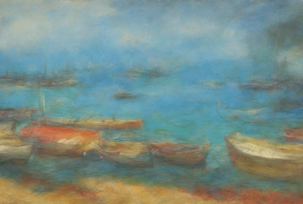 A stunning, high-resolution, 4K Impressionist masterpiece depicting a serene maritime port scene, rendered in rough, expressive color pencil strokes on textured paper, evoking the illusion of an oil on canvas painting. The artwork features soft, blended yellow, coral, and turquoise hues, contrasted with bold, vibrant red accents, all set against a backdrop of wispy, beige-colored clouds. The image showcases deliberate artistic blur and subtle pencil marks, adding depth and emotion to the piece. The paper's organic texture is palpable, further enhancing the sketch's organic, handcrafted feel. Every brushstroke and pencil mark seems to vibrate with energy, imbuing the scene with a sense of dynamic movement. The overall effect is one of dreamy, romanticized tranquility, inviting the viewer to step into the peaceful, idyllic world of the artist's creation.