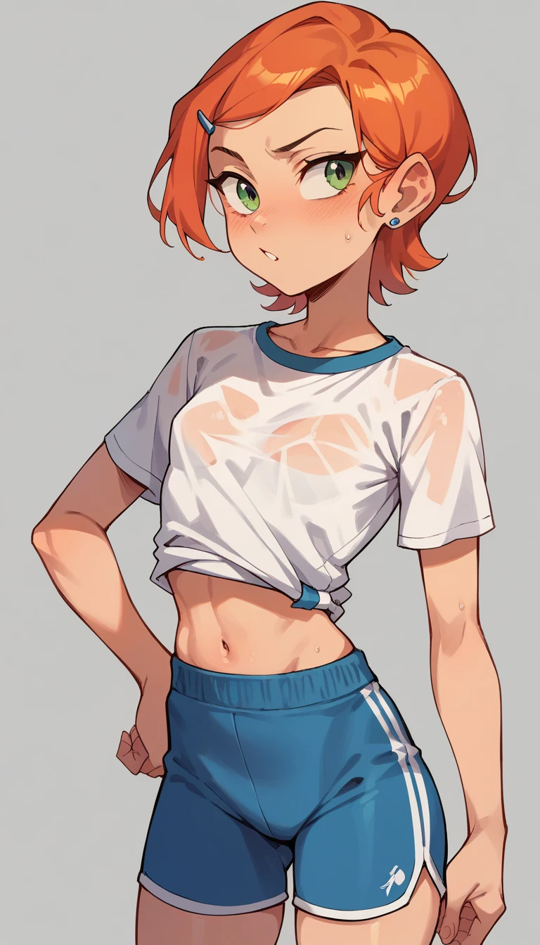 Gwendolyn_Tennyson, small breasts, red face, White sports shirt, blue shorts 