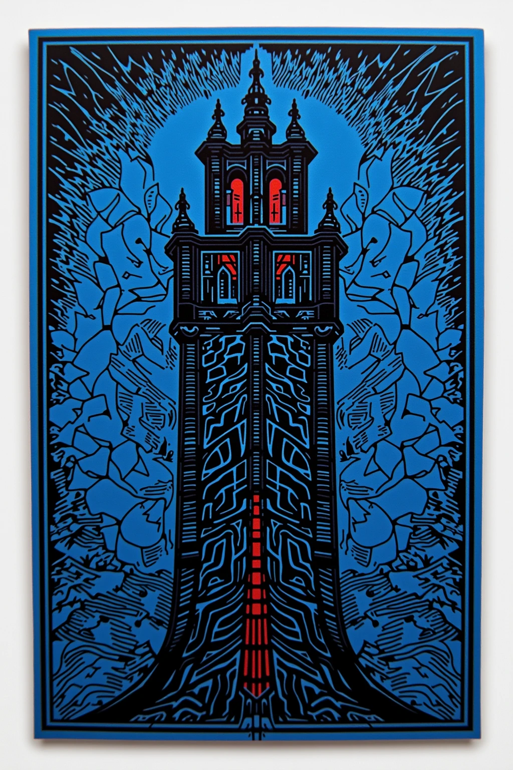 There is an illustration of a dark tower with black lines on a blue background,  blotter art ,  indigo occult pattern ,  SILKSCREEN PRINT ,   SYMMETRIC DIE CUT STICKER  ,  very detailedなパネルカット, tile, Symmetrical sticker design ,  Silicone Patch Design , BLUE - PRINT , シルク SCREEN PRINT  ,  SCREEN PRINT ,  Ultra Fine,  very detailed,  High Details, Red as an additional color