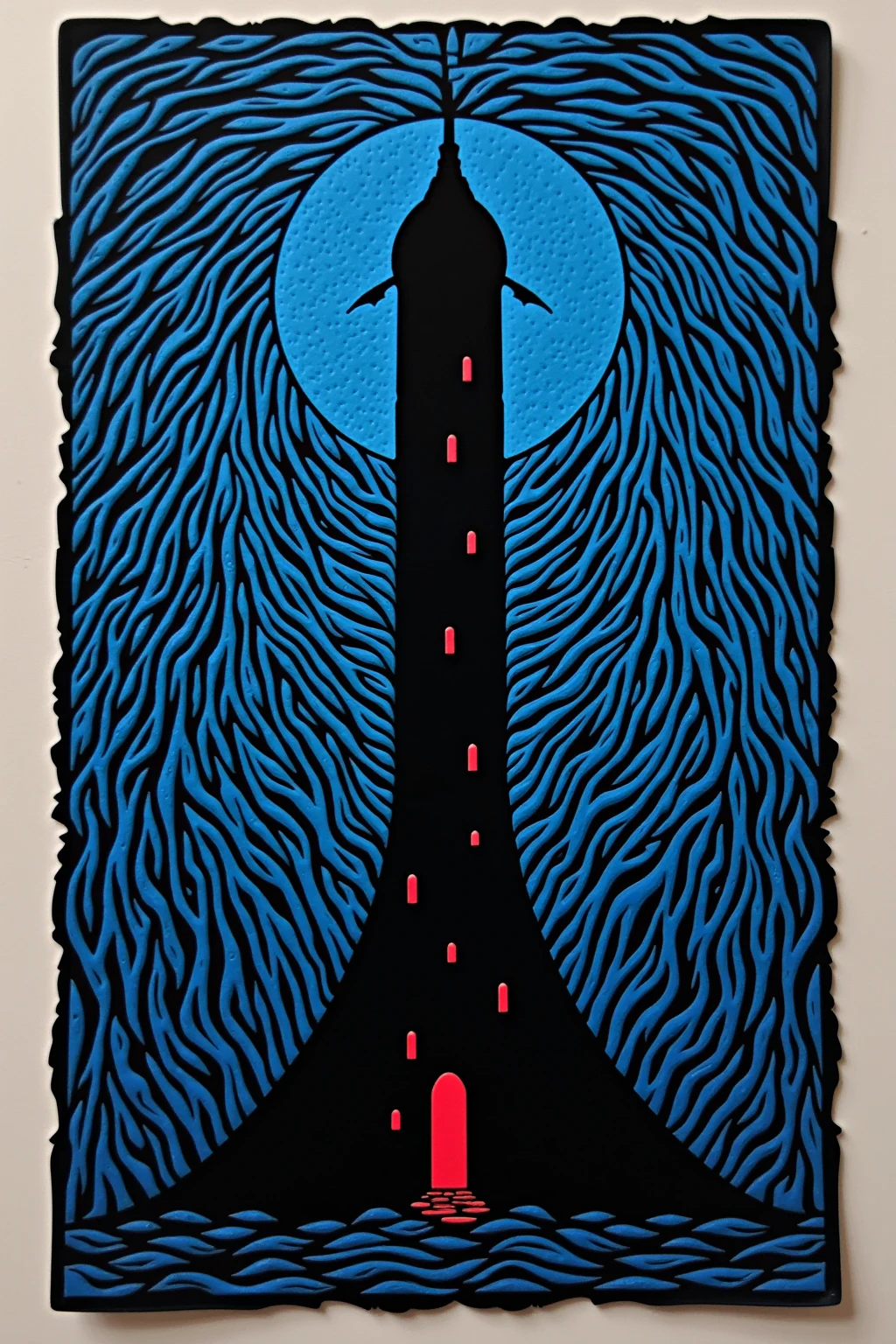 There is an illustration of a dark tower with black lines on a blue background,  blotter art ,  indigo occult pattern ,  SILKSCREEN PRINT ,   SYMMETRIC DIE CUT STICKER  ,  very detailedなパネルカット, tile, Symmetrical sticker design ,  Silicone Patch Design , BLUE - PRINT , シルク SCREEN PRINT  ,  SCREEN PRINT ,  Ultra Fine,  very detailed,  High Details, Red as an additional color