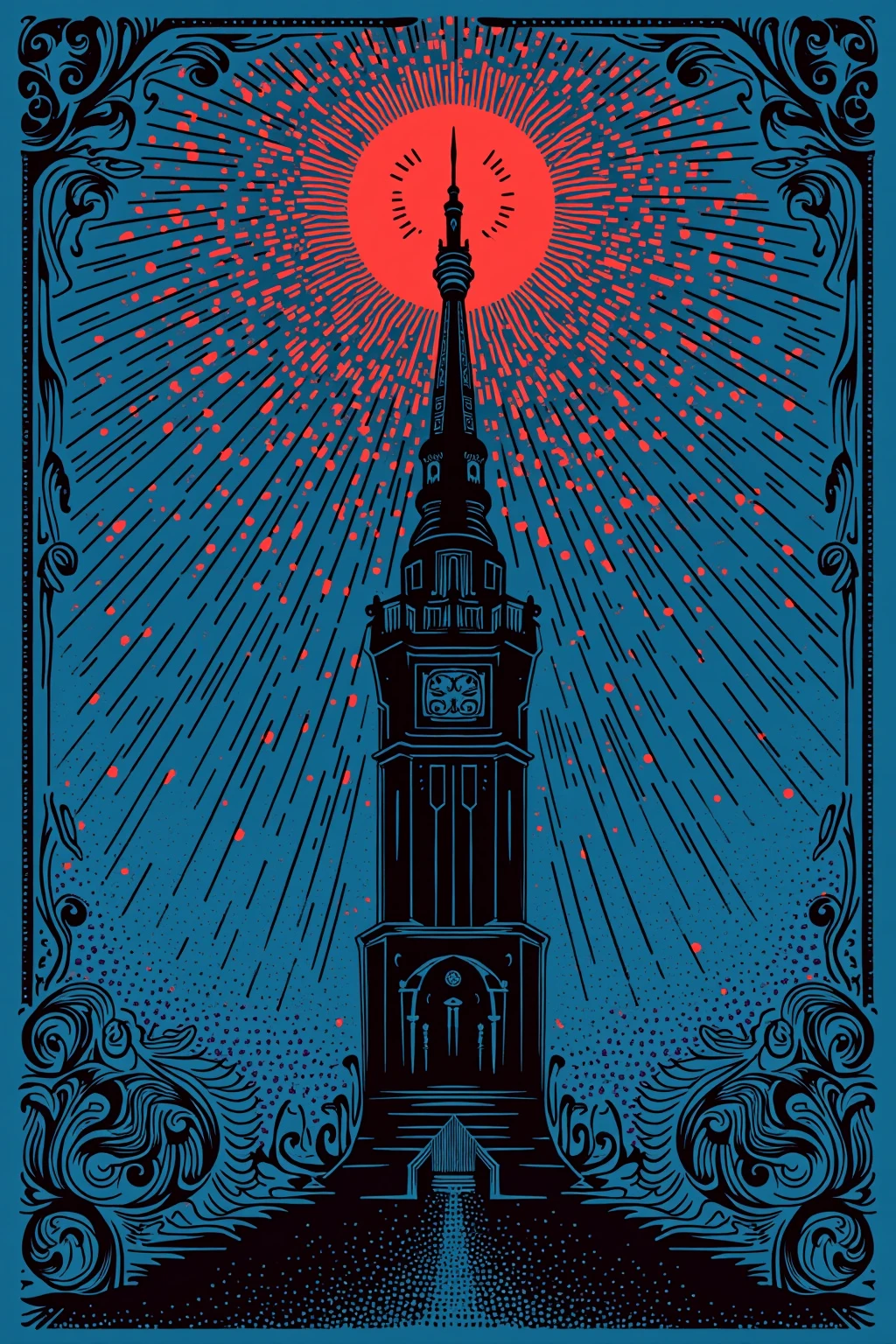 There is an illustration of a dark tower with black lines on a blue background,  blotter art ,  indigo occult pattern ,  SILKSCREEN PRINT ,   SYMMETRIC DIE CUT STICKER  ,  very detailedなパネルカット, tile, Symmetrical sticker design ,  Silicone Patch Design , BLUE - PRINT , シルク SCREEN PRINT  ,  SCREEN PRINT ,  Ultra Fine,  very detailed,  High Details, Red as an additional color