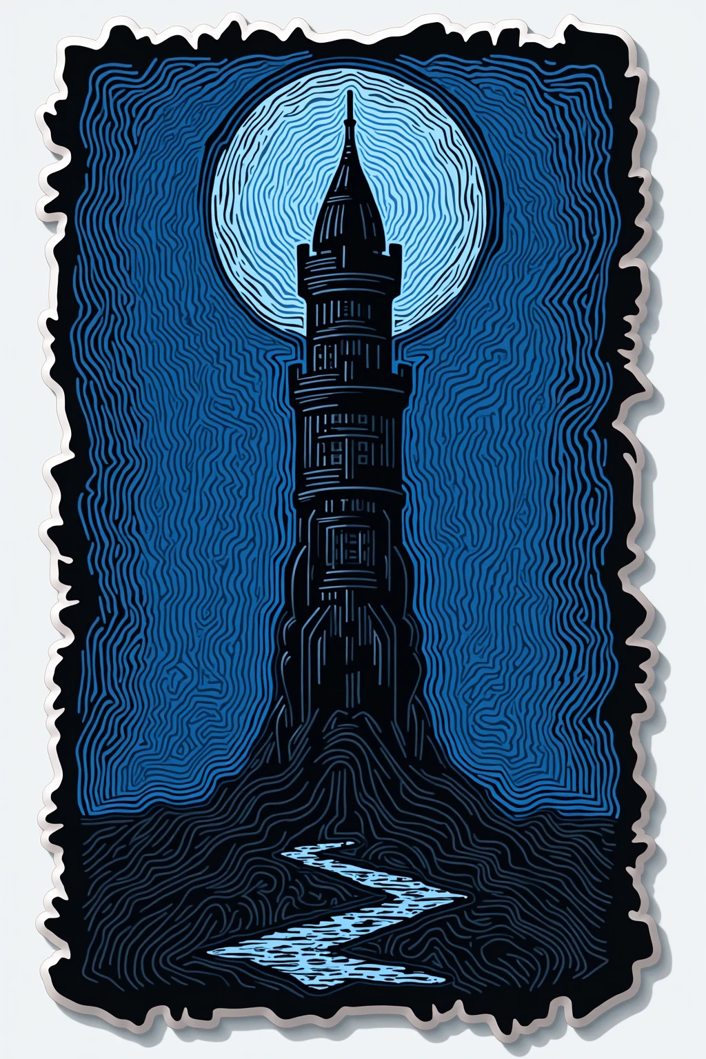 There is an illustration of a dark tower with black lines on a blue background,  blotter art ,  indigo occult pattern ,  SILKSCREEN PRINT ,   SYMMETRIC DIE CUT STICKER  ,  very detailedなパネルカット, tile, Symmetrical sticker design ,  Silicone Patch Design , BLUE - PRINT , シルク SCREEN PRINT  ,  SCREEN PRINT ,  Ultra Fine,  very detailed,  High Details, Red as an additional color