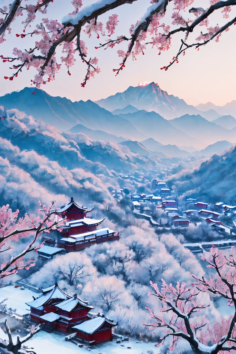 winter in China，early in the morning，deep sky，scarlet plum blooms，a small village，grey mountains in the background，blue atmosphere