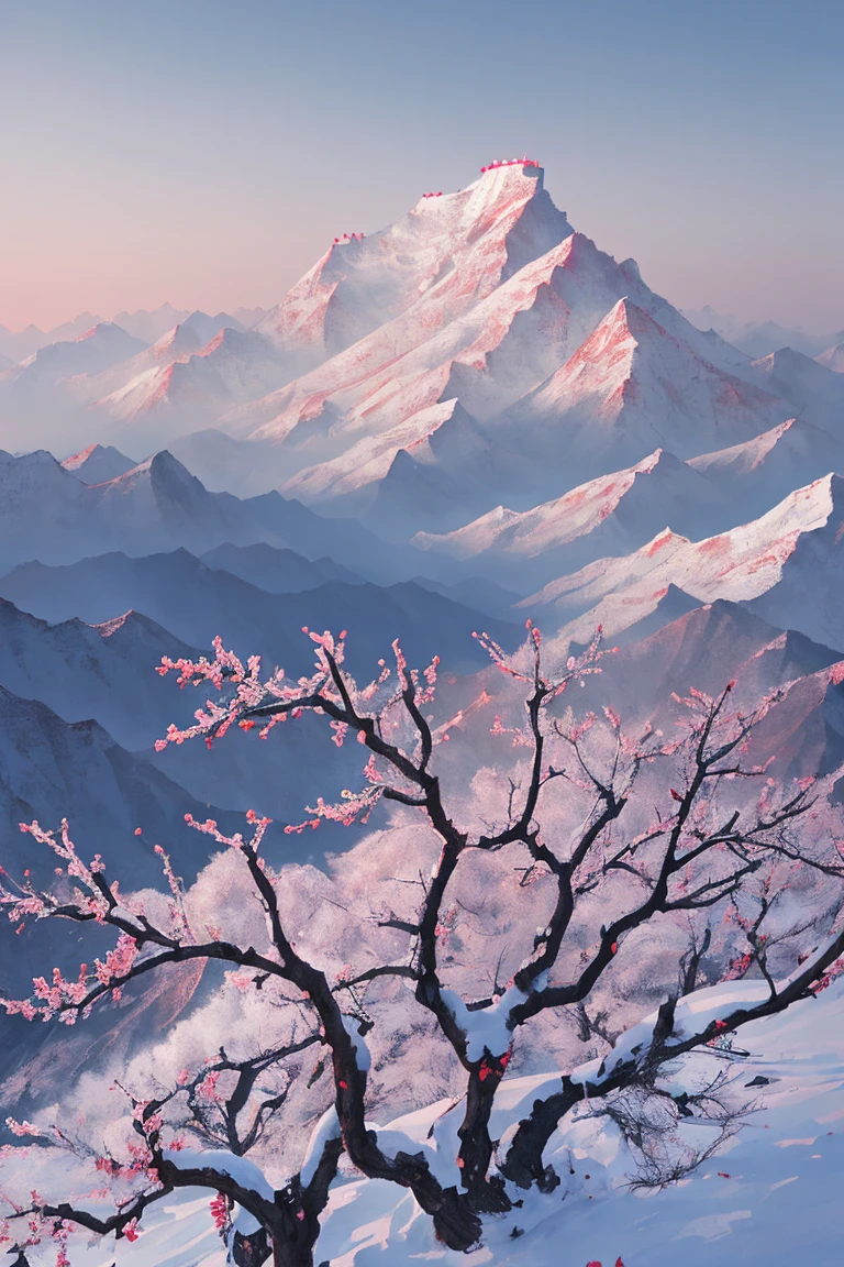 winter in China，early in the morning，deep sky，scarlet plum blooms，a small village，grey mountains in the background，blue atmosphere