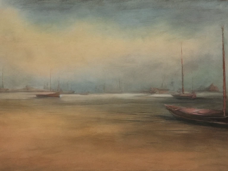 A stunning, high-resolution, 4K Impressionist masterpiece depicting a serene maritime port scene, rendered in rough, expressive color pencil strokes on textured paper, evoking the illusion of an oil on canvas painting. The artwork features soft, blended yellow, coral, and turquoise hues, contrasted with bold, vibrant red accents, all set against a backdrop of wispy, beige-colored clouds. The image showcases deliberate artistic blur and subtle pencil marks, adding depth and emotion to the piece. The paper's organic texture is palpable, further enhancing the sketch's organic, handcrafted feel. Every brushstroke and pencil mark seems to vibrate with energy, imbuing the scene with a sense of dynamic movement. The overall effect is one of dreamy, romanticized tranquility, inviting the viewer to step into the peaceful, idyllic world of the artist's creation.