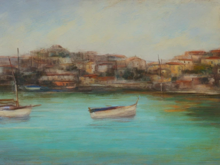 A stunning, high-resolution, 4K Impressionist masterpiece depicting a serene maritime port scene, rendered in rough, expressive color pencil strokes on textured paper, evoking the illusion of an oil on canvas painting. The artwork features soft, blended yellow, coral, and turquoise hues, contrasted with bold, vibrant red accents, all set against a backdrop of wispy, beige-colored clouds. The image showcases deliberate artistic blur and subtle pencil marks, adding depth and emotion to the piece. The paper's organic texture is palpable, further enhancing the sketch's organic, handcrafted feel. Every brushstroke and pencil mark seems to vibrate with energy, imbuing the scene with a sense of dynamic movement. The overall effect is one of dreamy, romanticized tranquility, inviting the viewer to step into the peaceful, idyllic world of the artist's creation.