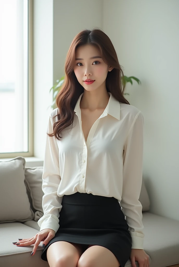 (RAW Photos), (Realistic), (masterpiece), (highest quality), High resolution, 8k, (Intricate details), (Volumetric Light), Portraiture, woman, Age 25, Medium Hair, Straight hair, Mid-chest, Layered Hair, Brown Hair, Very beautiful eyes, Source order, Very thin eyebrows, Very fine skin, Very beautiful mouth, Very nice nose, Cute like an idol, smile, (Thick lips), (Looking at the audience), (See-through pearl white collar dress shirt), Above the knee shot
