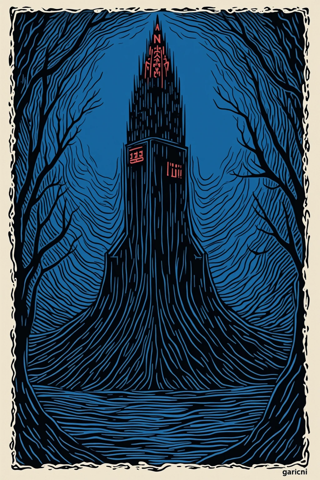 There is an illustration of a dark tower with black lines on a blue background,  blotter art ,  indigo occult pattern ,  SILKSCREEN PRINT ,   SYMMETRIC DIE CUT STICKER  ,  very detailedなパネルカット, tile, Symmetrical sticker design ,  Silicone Patch Design , BLUE - PRINT , シルク SCREEN PRINT  ,  SCREEN PRINT ,  Ultra Fine,  very detailed,  High Details, Red as an additional color