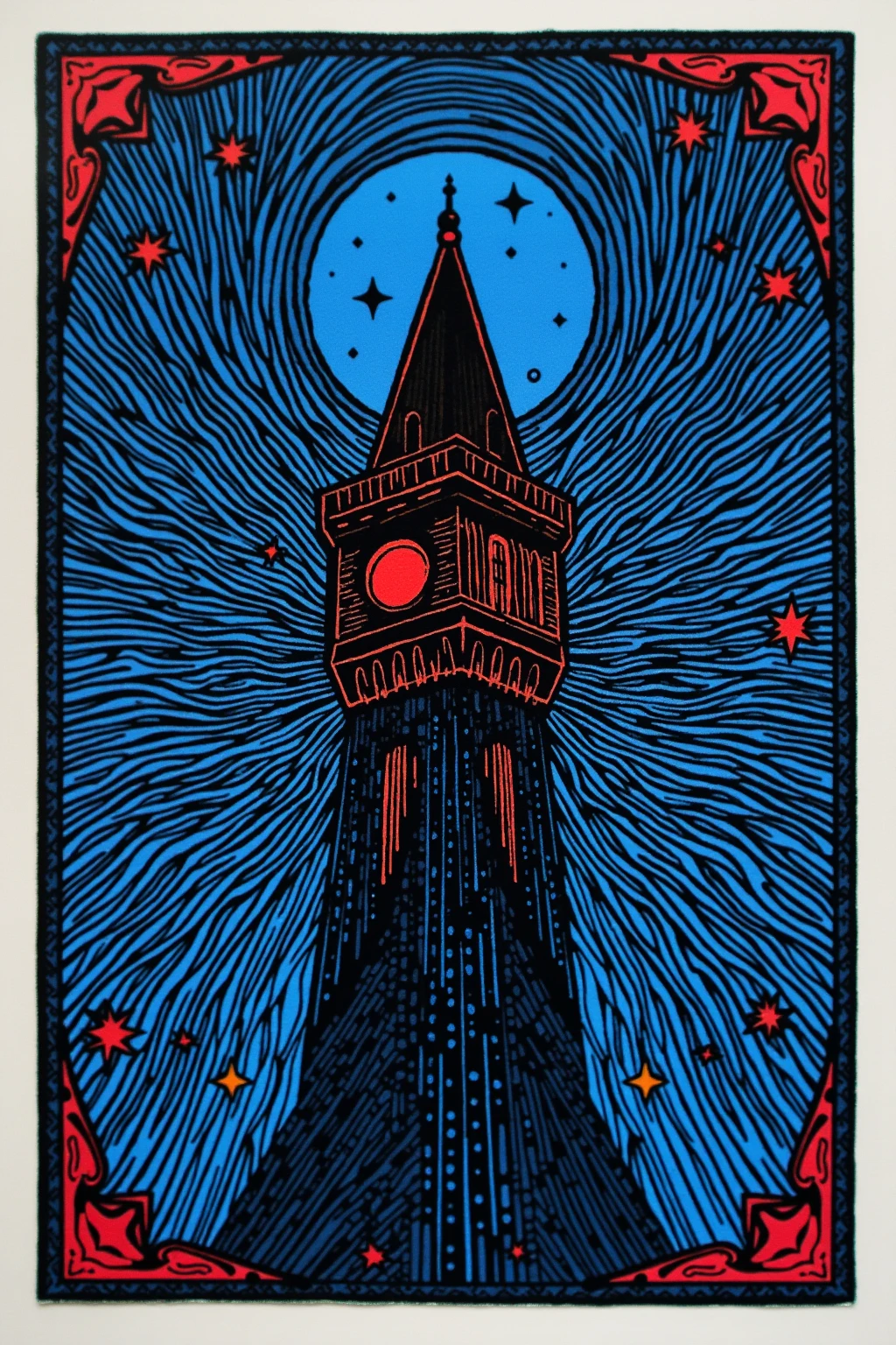 There is an illustration of a dark tower with black lines on a blue background,  blotter art ,  indigo occult pattern ,  SILKSCREEN PRINT ,   SYMMETRIC DIE CUT STICKER  ,  very detailedなパネルカット, tile, Symmetrical sticker design ,  Silicone Patch Design , BLUE - PRINT , シルク SCREEN PRINT  ,  SCREEN PRINT ,  Ultra Fine,  very detailed,  High Details, Red as an additional color