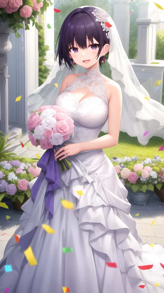 masterpiece, best quality, high quality, girl, solo, looking at viewer, amane_fujimiya, large breasts, wedding Dress, standing, garden, confetti, holding bouquet, smile, open mouth,