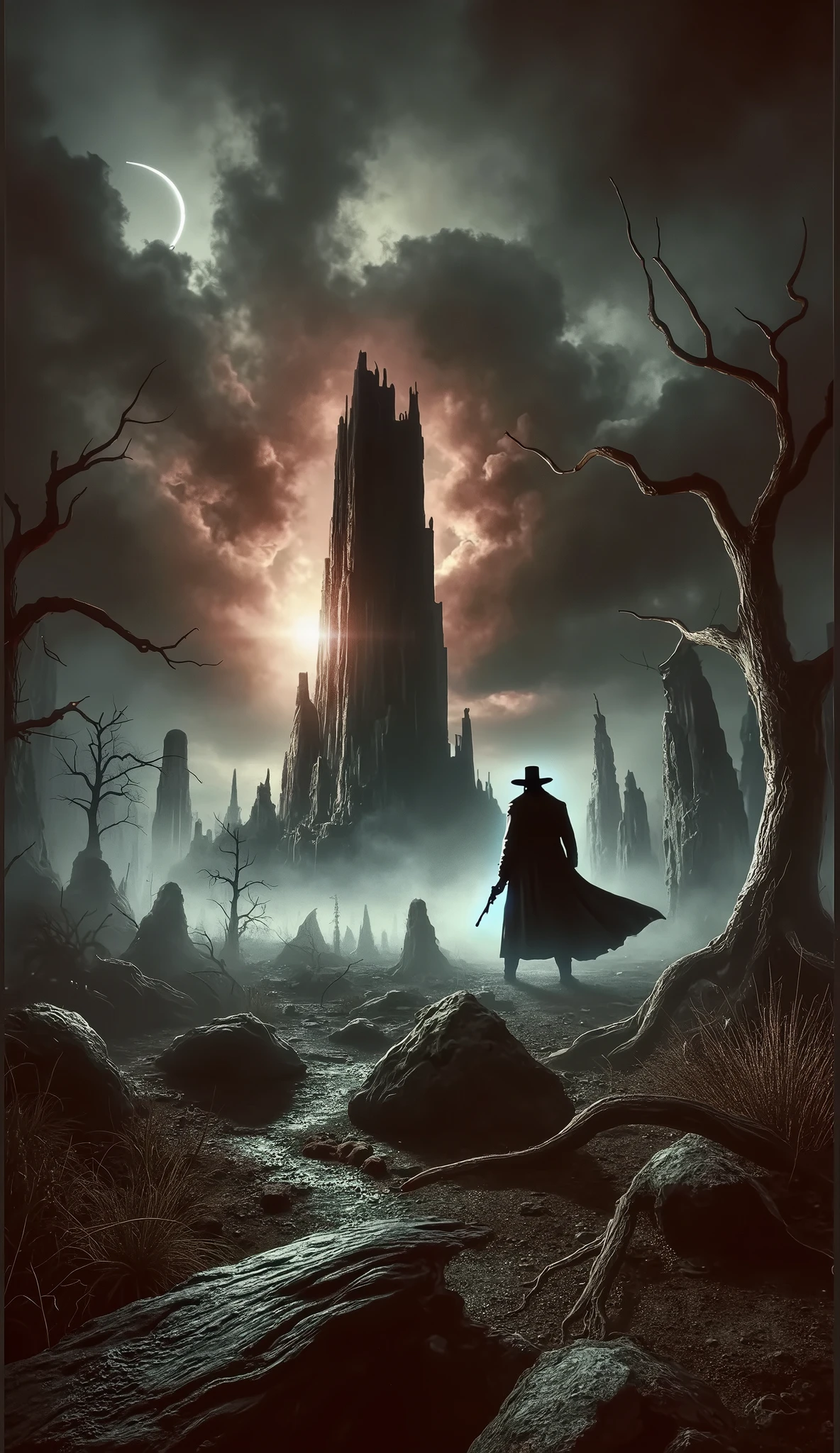 (masterpiece,  High Quality ,  high definition ,  Golden Ratio ,  movie lighting, 8k),  Tower of Darkness Towering Over Deserted Earth, Gunslinger Confronts ,  Stephen King's View of the World 