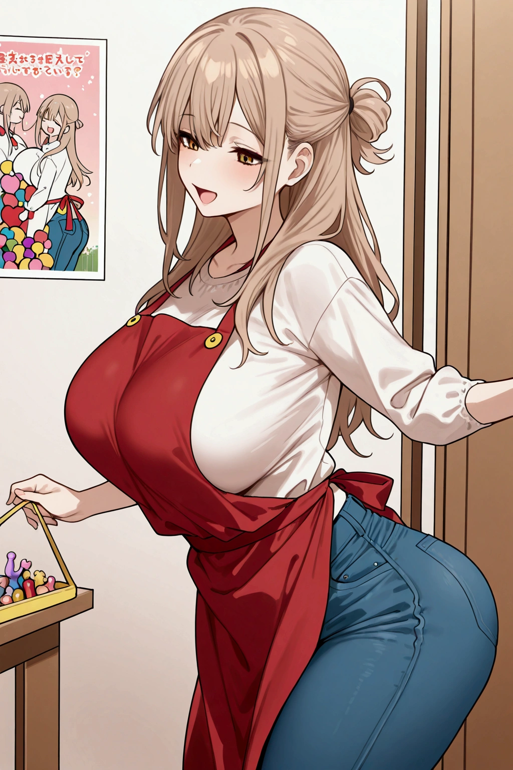 alone, girl, kindergarten teacher, red apron, warm smile, light brown hair, long hair, hair tied at the end, jeans, big breasts, open mouth, playing with ren, maternal, warm look, sideways, flat American, garden of ren, ren's toys, puzzles, hanging backpacks, talking ,perfect scene, masterpiece, score 9, anime colors, sideways, American shot, beautiful, composition, harmony, high quality, poster quality,beautiful, feminine around ass.