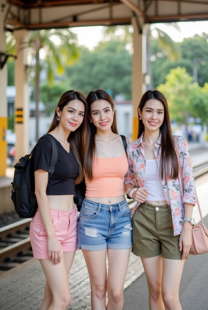 An accidental shot of three fashionably dressed female tourists casually gathering near the train tracks at Bangkok's iconic Hua Lamphong Railway Station. Dressed in shorts, tank tops and shirts, they are comfortable summer wear, with backpacks slung over their shoulders. The warm sunlight filters down on their relaxed positions as they wait for their train, giving them a sense of carefree travel and exploration.