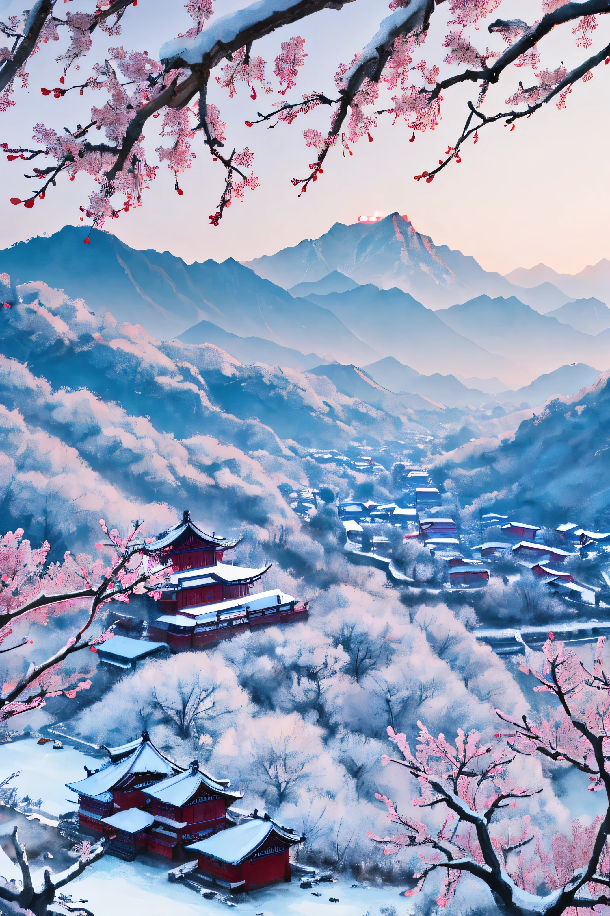 winter in China，early in the morning，deep sky，scarlet plum blooms，a small village，grey mountains in the background，blue atmosphere