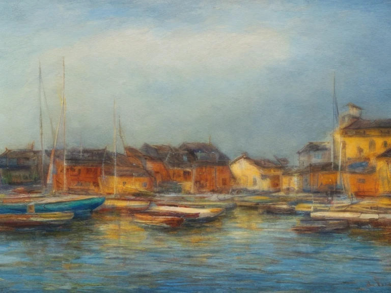 A stunning, high-resolution, 4K Impressionist masterpiece depicting a serene maritime port scene, rendered in rough, expressive color pencil strokes on textured paper, evoking the illusion of an oil on canvas painting. The artwork features soft, blended yellow, coral, and turquoise hues, contrasted with bold, vibrant red accents, all set against a backdrop of wispy, beige-colored clouds. The image showcases deliberate artistic blur and subtle pencil marks, adding depth and emotion to the piece. The paper's organic texture is palpable, further enhancing the sketch's organic, handcrafted feel. Every brushstroke and pencil mark seems to vibrate with energy, imbuing the scene with a sense of dynamic movement. The overall effect is one of dreamy, romanticized tranquility, inviting the viewer to step into the peaceful, idyllic world of the artist's creation.