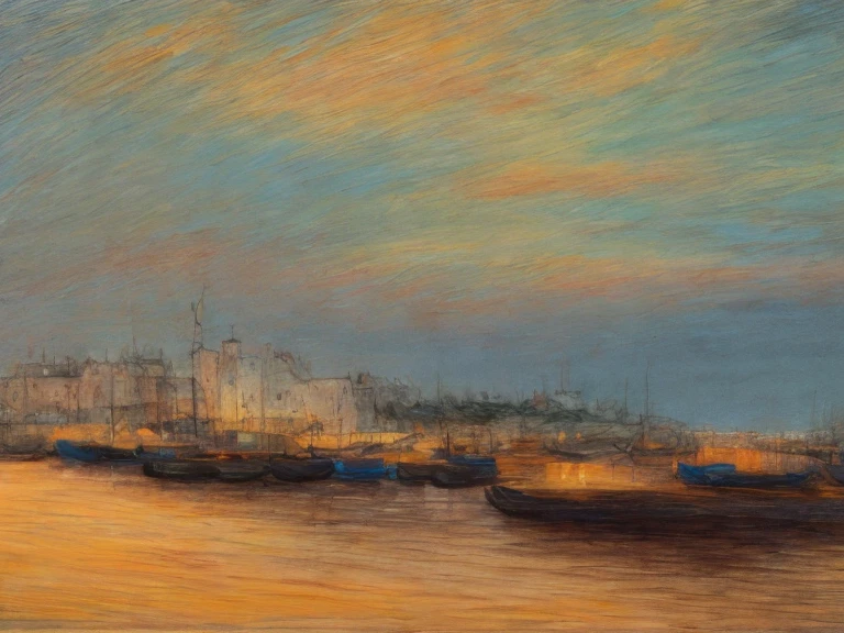 A stunning, high-resolution, 4K Impressionist masterpiece depicting a serene maritime port scene, rendered in rough, expressive color pencil strokes on textured paper, evoking the illusion of an oil on canvas painting. The artwork features soft, blended yellow, coral, and turquoise hues, contrasted with bold, vibrant red accents, all set against a backdrop of wispy, beige-colored clouds. The image showcases deliberate artistic blur and subtle pencil marks, adding depth and emotion to the piece. The paper's organic texture is palpable, further enhancing the sketch's organic, handcrafted feel. Every brushstroke and pencil mark seems to vibrate with energy, imbuing the scene with a sense of dynamic movement. The overall effect is one of dreamy, romanticized tranquility, inviting the viewer to step into the peaceful, idyllic world of the artist's creation.