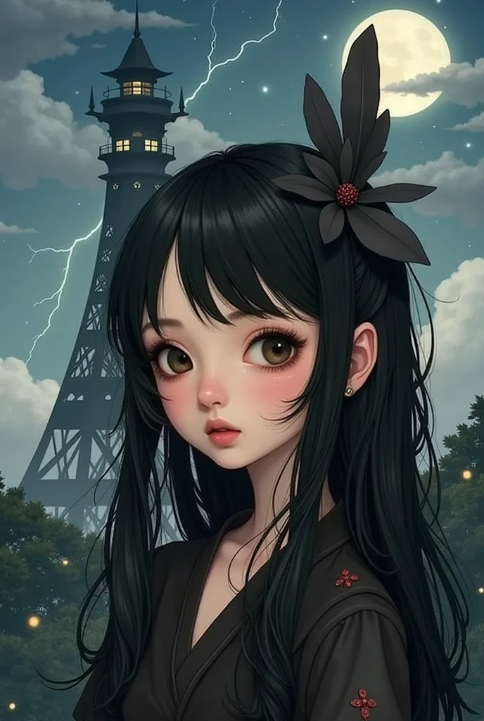 (RAW photo, real photo, high quality, masterpiece), (evil tower in dark color), tower is in cone shape with many windows on the wall and tower with triangle base , tower is higher than sky into cloud, night and moon and lightning ), A young Japanese woman with smooth, porcelain skin and long, silky black hair cascading down her back, detailed face, beautiful face, wide shot, 