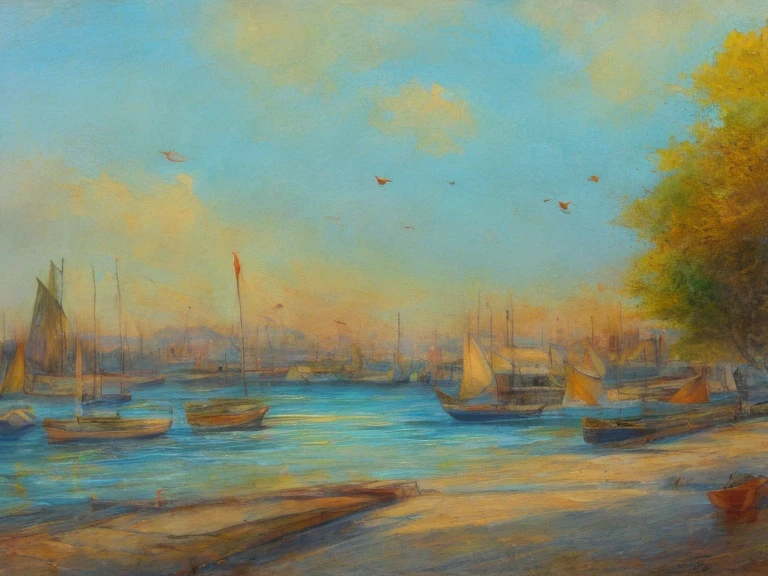 A stunning, high-resolution, 4K Impressionist masterpiece depicting a serene maritime port scene, rendered in rough, expressive color pencil strokes on textured paper, evoking the illusion of an oil on canvas painting. The artwork features soft, blended yellow, coral, and turquoise hues, contrasted with bold, vibrant red accents, all set against a backdrop of wispy, beige-colored clouds. The image showcases deliberate artistic blur and subtle pencil marks, adding depth and emotion to the piece. The paper's organic texture is palpable, further enhancing the sketch's organic, handcrafted feel. Every brushstroke and pencil mark seems to vibrate with energy, imbuing the scene with a sense of dynamic movement. The overall effect is one of dreamy, romanticized tranquility, inviting the viewer to step into the peaceful, idyllic world of the artist's creation.