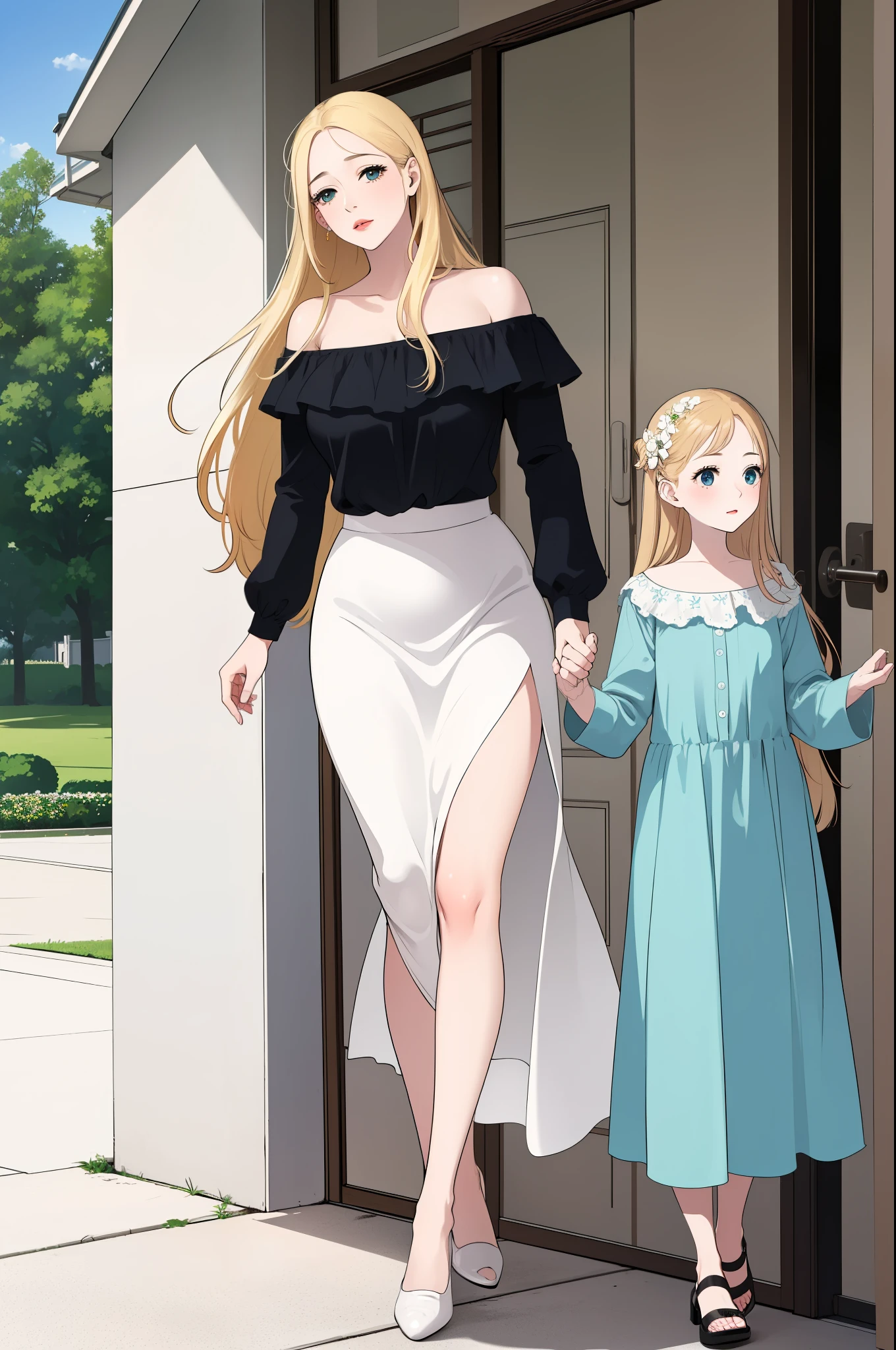 An extremely gorgeous stunning beautiful cute feminine mother with long straight blonde hair tied with a white ribbon, extremely fair white skin, big green-blue hazel eyes, plump red glossy lips, a plain simple smile, a plain thin slim normal body, tender arms, and a plain expression, wearing a simple long floor-length modest sky blue floral dress with a cardigan worn in an off-shoulder style, flat heels, standing straight, garden in the background, show full drawing from head to feet.