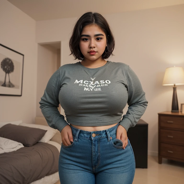 A very chubby macromastia mexican teen, short beautiful volumetric emo style hair, beautiful detailed brown eyes, cutely detailed lips, extremely cute detailed eyes and face, mega huge voluptuous breasts, long sleeve t-shirt with jean pants, full body photo, masterpiece, photorealistic, 8k, vivid colors, studio lighting, professional, standing inside her house bedroom,1girl, 