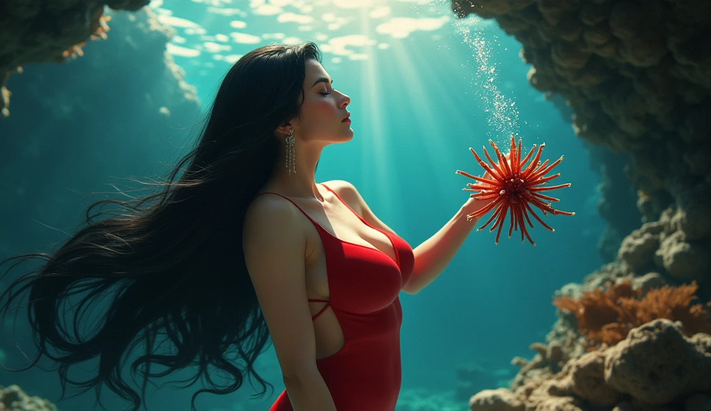 The ocean butterfly wears a fat red sarong on her chest and has a baton in a cave. The ocean and forest are angry.