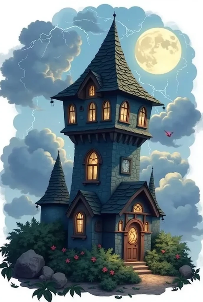 (RAW photo, real photo, high quality, masterpiece), (evil tower in dark color), evil tower is in cone shape with many windows on the wall and tower with triangle base , tower is higher than sky into cloud, night and moon and lightning ), fairy fly near the tower