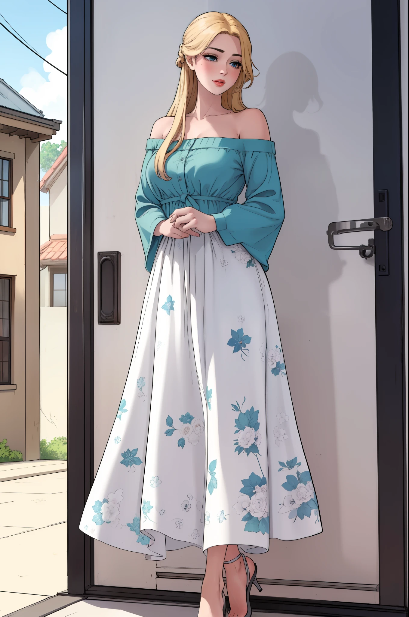 An extremely gorgeous stunning beautiful cute feminine mother with long straight blonde hair tied with a white ribbon, extremely fair white skin, big green-blue hazel eyes, plump red glossy lips, a plain simple smile, a plain thin slim normal body, tender arms, and a plain expression, wearing a simple long floor-length modest sky blue floral dress with a cardigan worn in an off-shoulder style, flat heels, standing straight, garden in the background, show full drawing from head to feet.