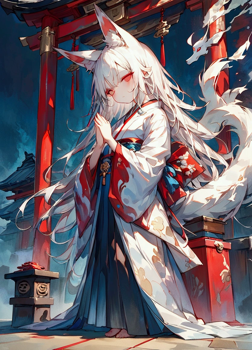 Masterpiece, highest resolution, highest quality, detailed depiction, beautiful, art, watercolor style,  full body shot 、Japanese yokai, ((nine-tailed fox)), full body shot 、Left side shot 、((shot from left side 1.4))、 anthropomorphized fox, fair skin, slender eyes with distinct red eyeliner, Beautiful silver hair, long hair, fox ears emerging from the head, beautiful white and red kimono, cool beauty, midnight,   praying with hands together 、((Close your eyes 1.4))、Praying pose、 put hands together in front of face、 full body shot 、shrine、Hondo、Background with an offering box 、 4K graphics.