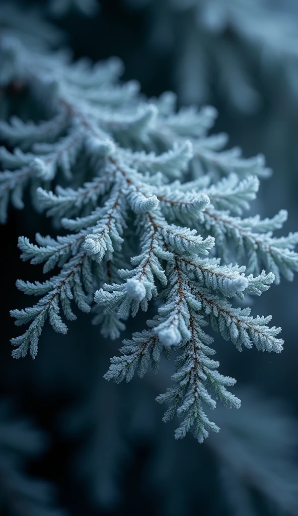 ((extremally close shoot)) (macro shoot), Frostfeather Fern - A fern with frosty, feathery fronds that sway gracefully in the breeze. BREAK, realistic, ((photorealistic)), extremely detailed, glass reflection, dark shadows, hard light hard shadows, shallow depth of field,highly detailed, high budget Hollywood film, , ((darkfull )) , detailed, focus on material