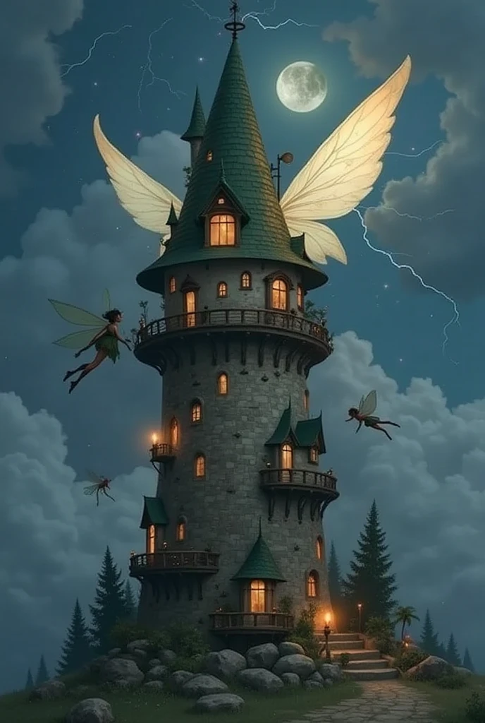 (RAW photo, real photo, high quality, masterpiece), (evil tower in dark color), evil tower is in circles cone shape with many windows on the wall and tower with triangle base , tower is higher than sky into cloud, night and moon and lightning ), beautiful fairy fly near the tower, details face, leg, slim 