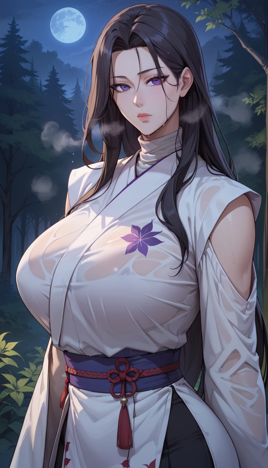 ((masterpiece)), Highest quality, Very detailed, master piece, best quality, score_9, score_8_up, score_7_up, score_6_up, source_anime, rating_explicit, 1girl, (solo:1.1), huge breasts, long hair, black hair, purple eyes, no clothes, white kimono, turtleneck, long sleeves, long skirt, expressionless, Narrow shoulders, heavy breathing, steaming body, night, forest, outdoors, looking at viewer, nsfw, wet clothes, transparent, upper body,