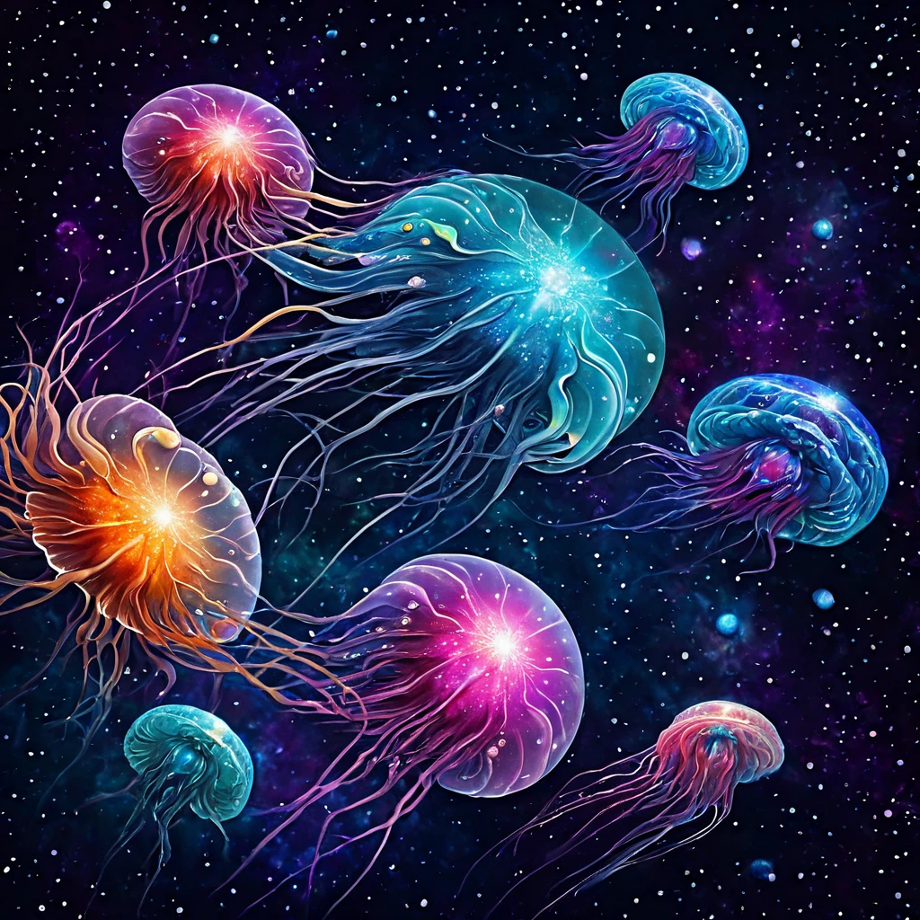 gem, accurate detail in deep water,Jellyfish,深海に, galaxy,  high resolution,masterpiece,  realistic anatomy ,  top quality, high definition ,
Outer space with stars and planets, Vibrant colors and space textures, --auto
