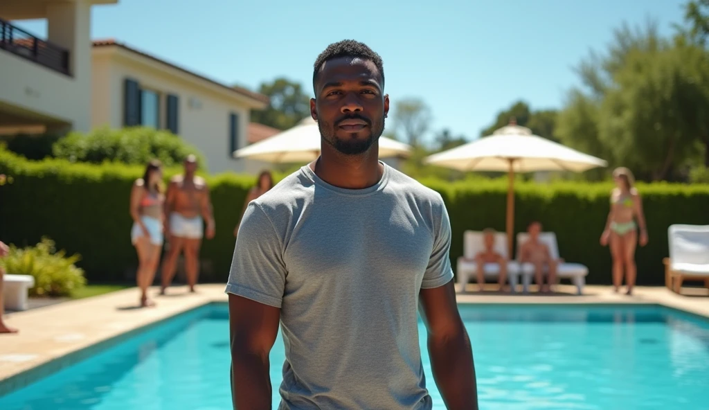 Young ebony African, muscular, emancipated man, hyper realistic, in the swimming pool 