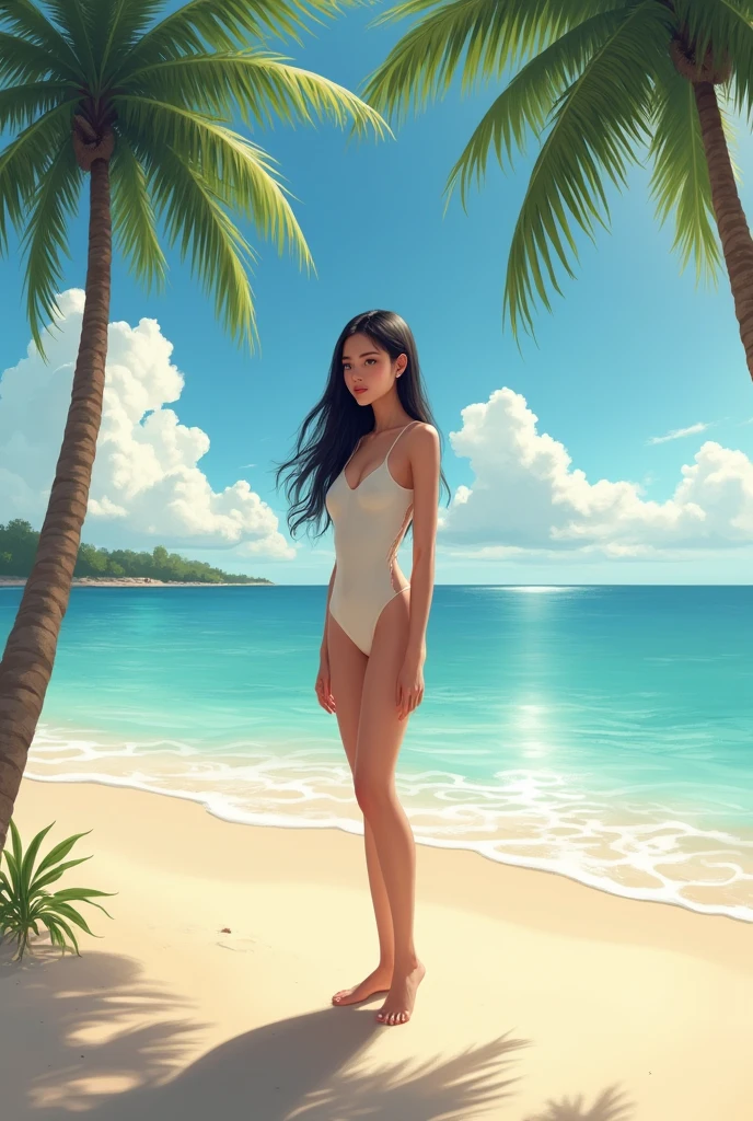 (Asian quinceanera), white bikini, playa, backwards